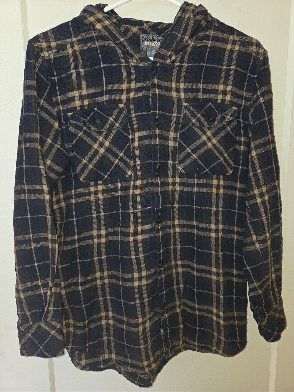 TNA - Women's Plaid Button-Down Shirt Jacket - Dk Navy Blue & Tan With Hood